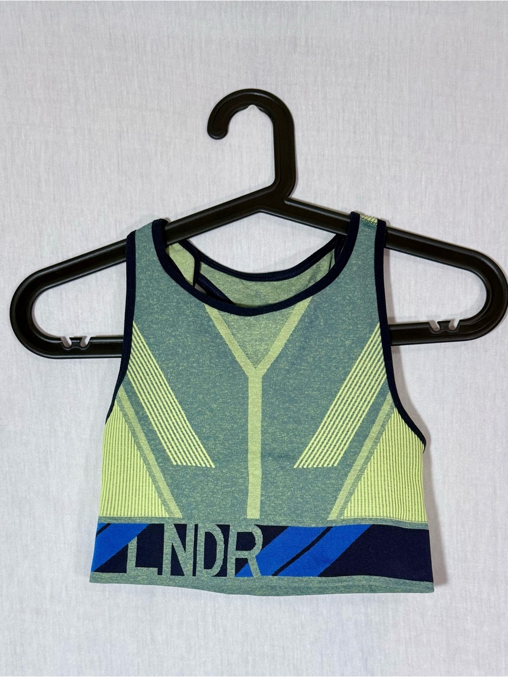 LNDR high compression sports bra in Lime & Navy *SoulCycle branded*